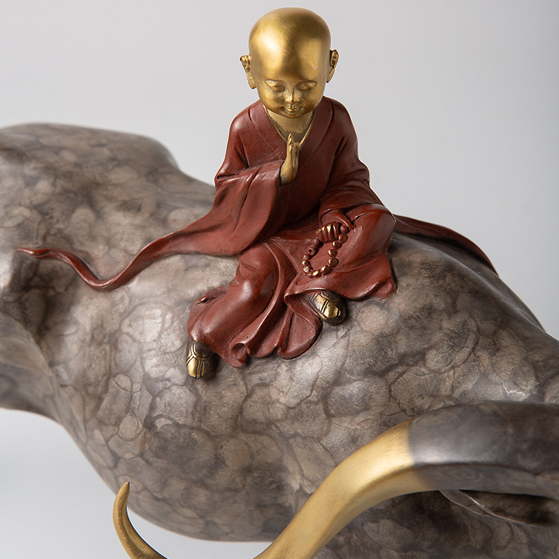 Elegant Brass Buffalo & Little Monk Sculpture Meditation Tabletop Ornament - Image 4