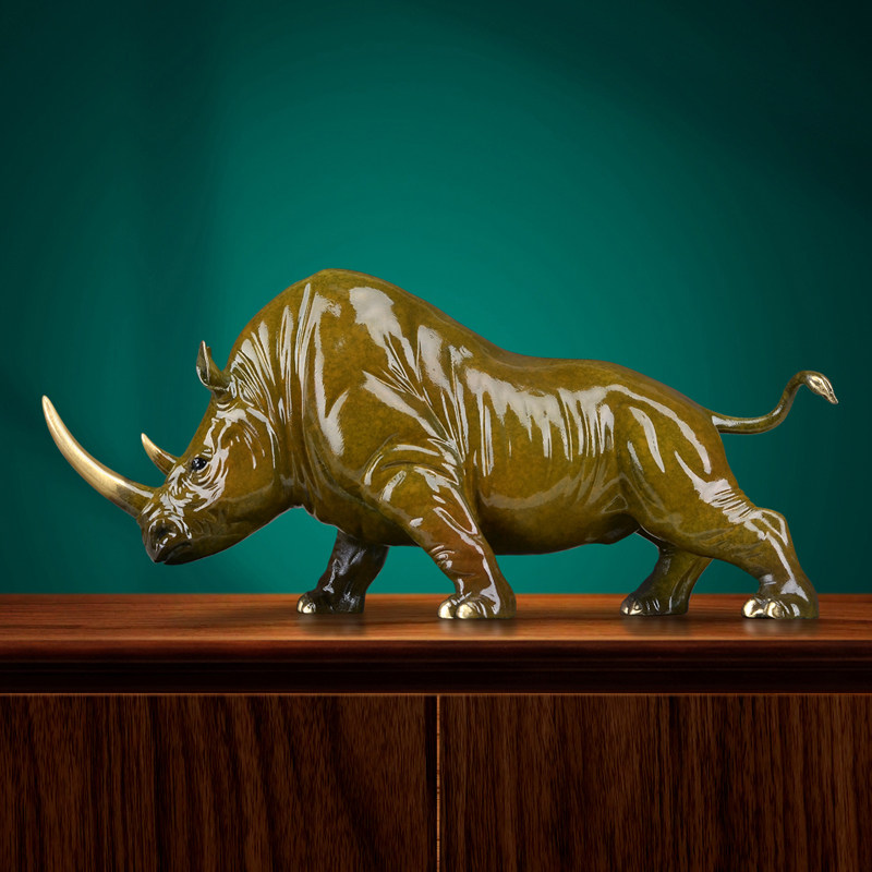 Brass Rhinoceros Sculpture Ornament Unique Rhino Statue for Home Office Tabletop Luxury Decor