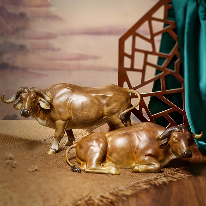 Two-Piece Brass Buffalo Sculpture Set Handcrafted Copper Ox Figurines Home Decoration Gift