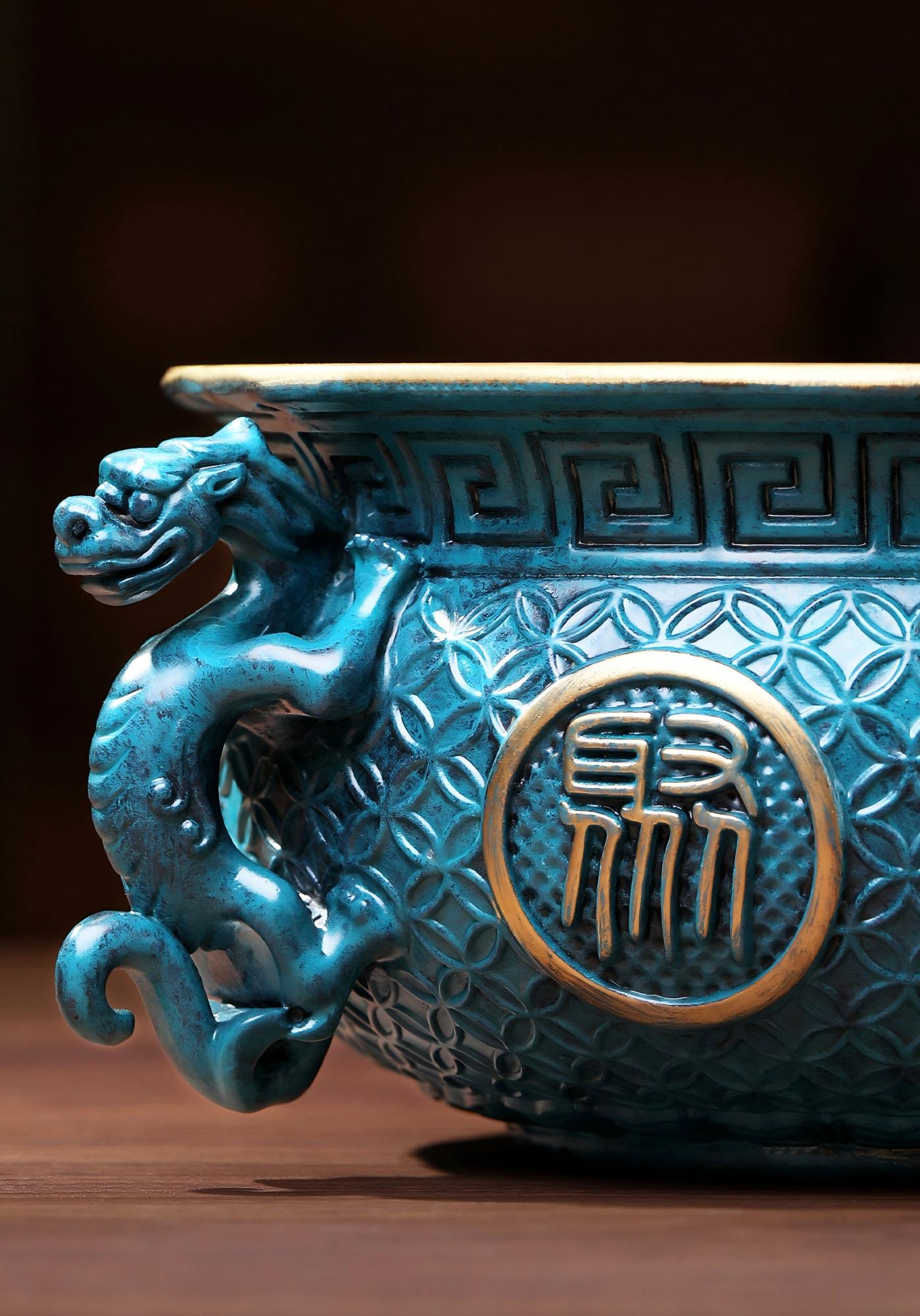 Blue Painted Brass Wealth Bowl Prosperity Treasure Basin Ornament for Home & Office Decor - Image 4