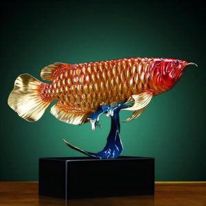 Luxury Brass Golden Arowana Fish Statue Dragonfish Sculpture Tabletop Ornament for Home Office Business Opening Gift