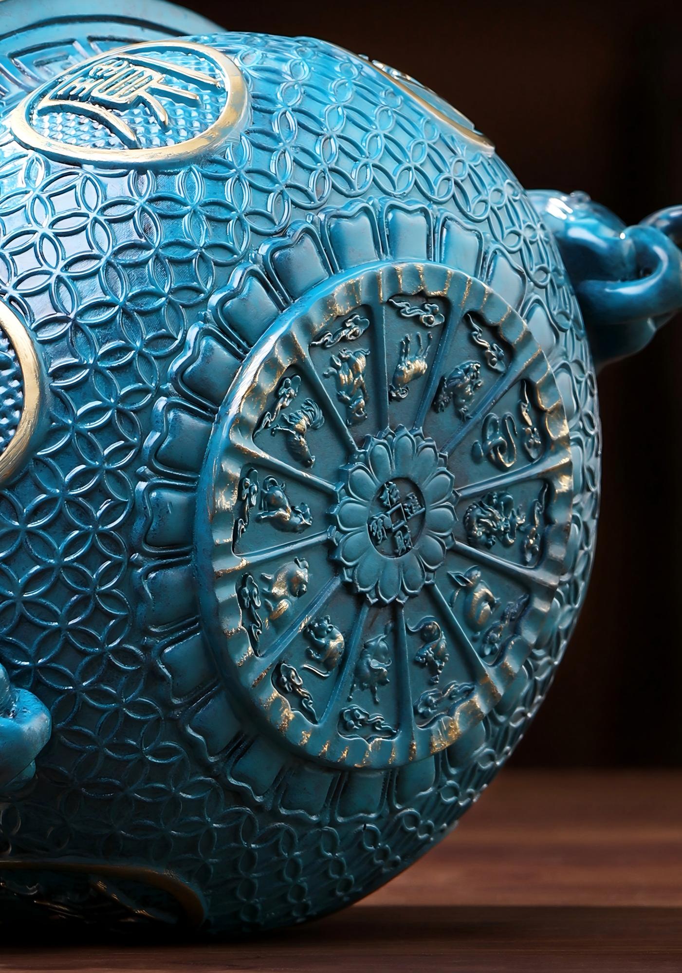 Blue Painted Brass Wealth Bowl Prosperity Treasure Basin Ornament for Home & Office Decor - Image 6