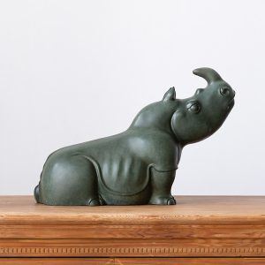 Cute Lying Rhino Brass Statue Desktop Brass Ornament Rhinoceros Animal Sculpture for Home Office Decoration