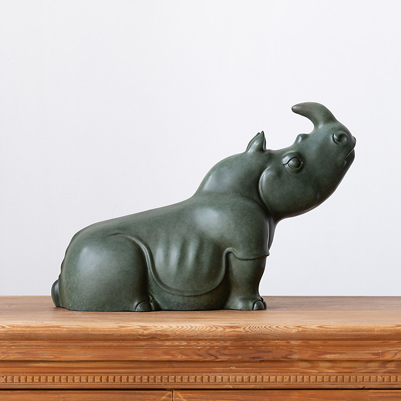 Cute Lying Rhino Brass Statue Desktop Brass Ornament Rhinoceros Animal Sculpture for Home Office Decoration