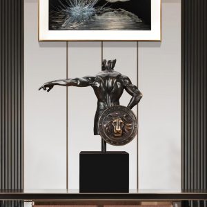 Abstract Headless Spartan Warrior Brass Figure Muscular Male Torso Sculpture with Shield Exclusive Tabletop Decor Gift